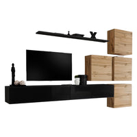Set di mobili da salotto murale SWITCH IX design, colore nero lucido e quercia Wotan.
