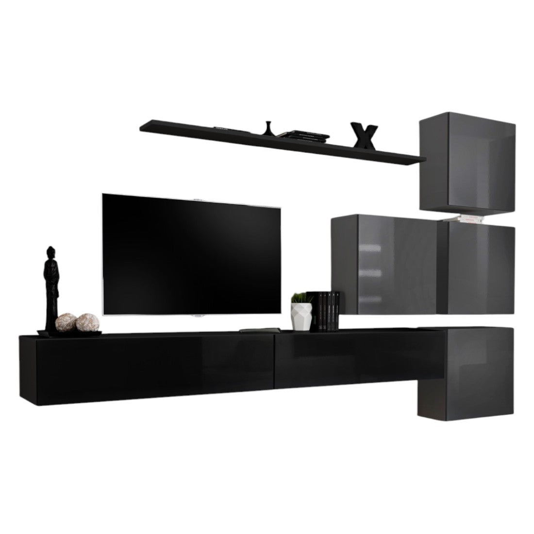 Set di mobili da salotto da parete SWITCH IX design, colore nero e grigio lucido.