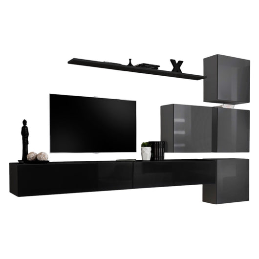 Set di mobili da salotto da parete SWITCH IX design, colore nero e grigio lucido.