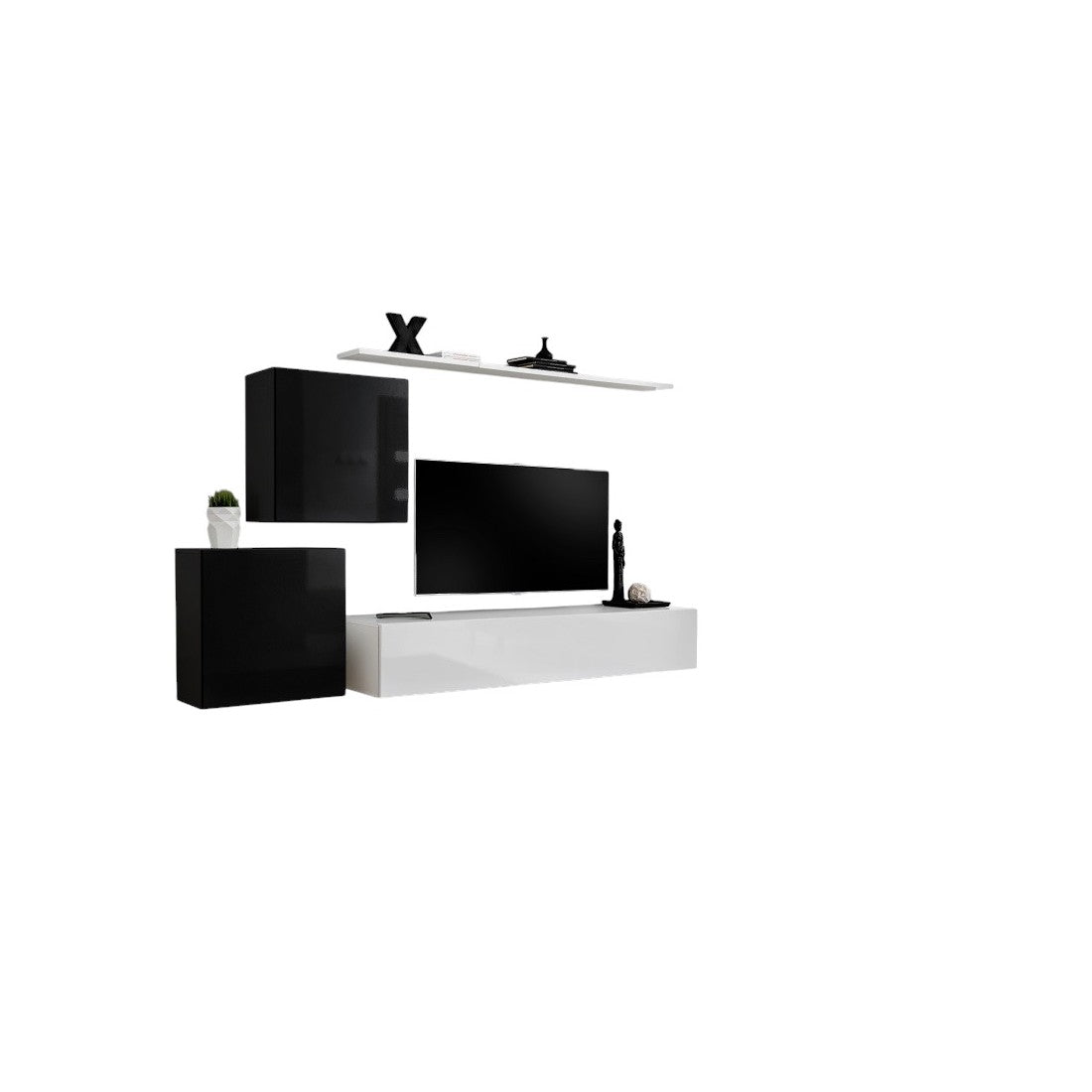 Set mobile da salotto murale SWITCH V design, colori bianco e nero lucido.