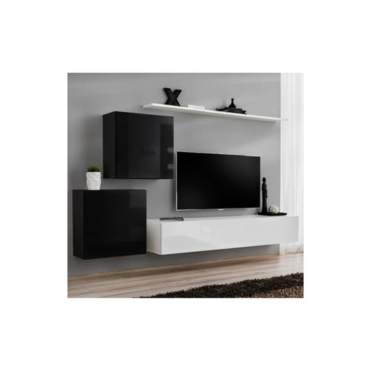 Set mobile da salotto murale SWITCH V design, colori bianco e nero lucido.