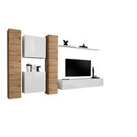 Set di mobili da salotto da parete SWITCH VI design, colore bianco lucido e rovere Wotan.
