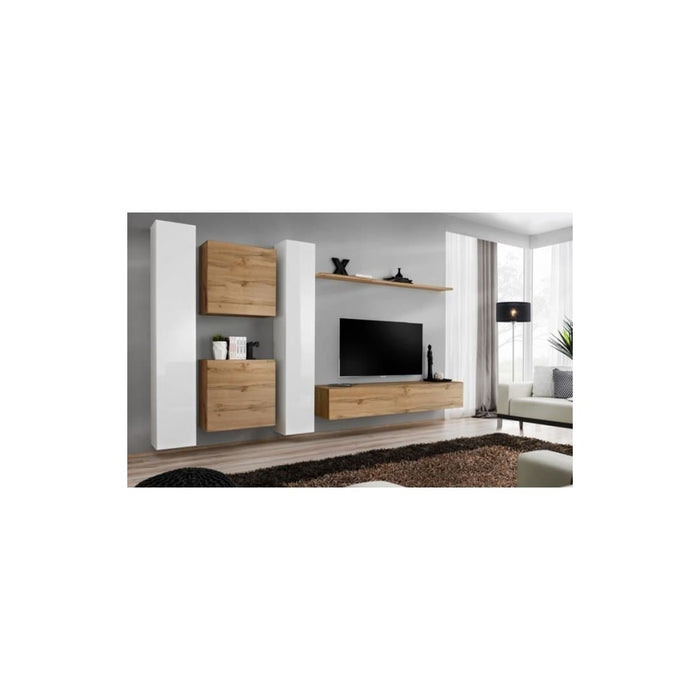Set di mobili da parete per soggiorno SWITCH VI design, colore rovere Wotan e bianco lucido.