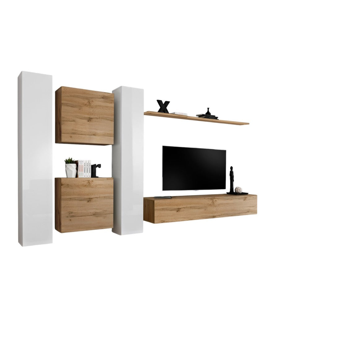 Set di mobili da parete per soggiorno SWITCH VI design, colore rovere Wotan e bianco lucido.