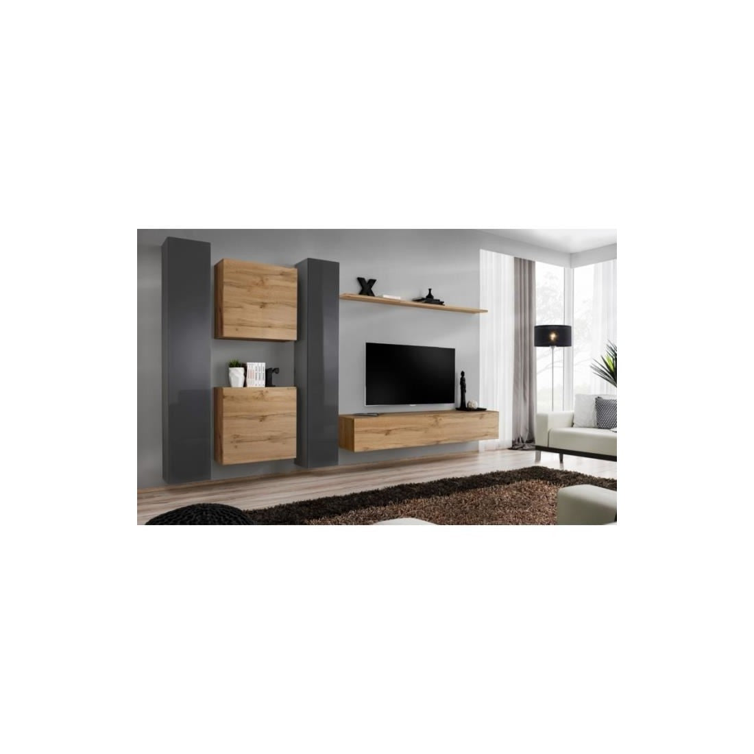Mobile da soggiorno a parete SWITCH VI di design, colore quercia Wotan e grigio lucido.