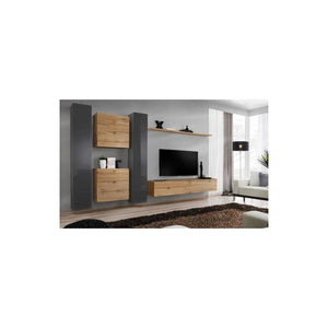 Mobile da soggiorno a parete SWITCH VI di design, colore quercia Wotan e grigio lucido.