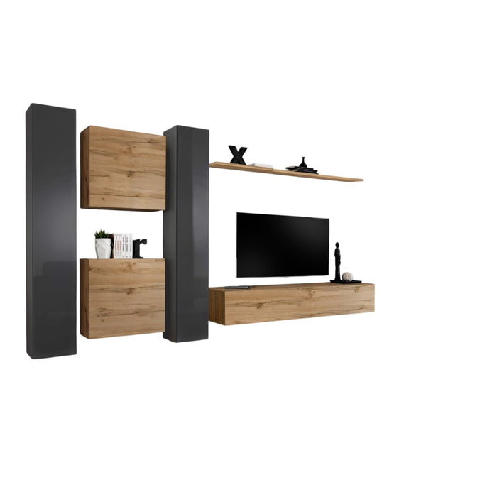 Mobile da soggiorno a parete SWITCH VI di design, colore quercia Wotan e grigio lucido.