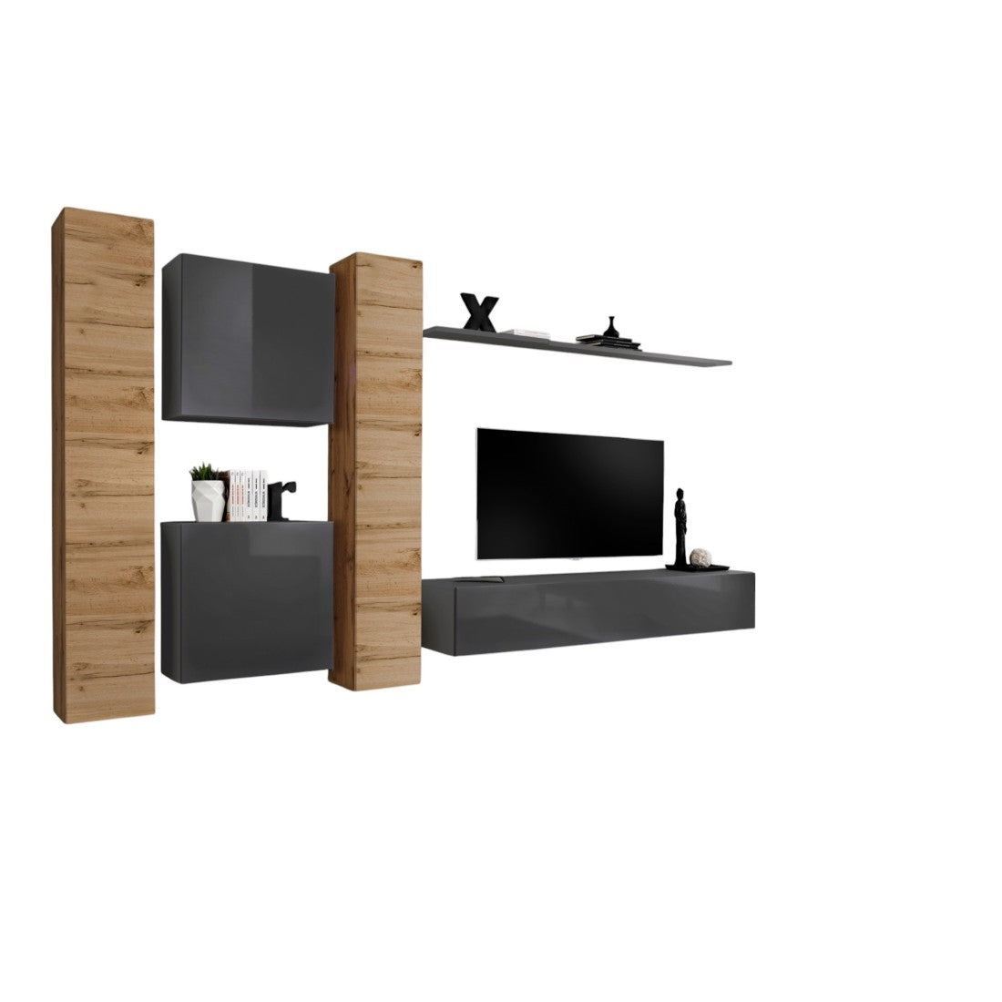 Set di mobili da salotto murali SWITCH VI design, colore grigio lucido e quercia Wotan.