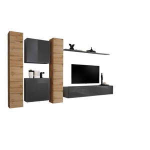 Set di mobili da salotto murali SWITCH VI design, colore grigio lucido e quercia Wotan.
