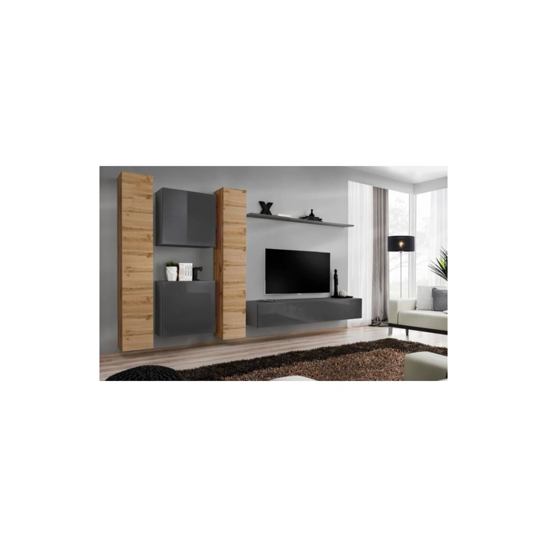 Set di mobili da salotto murali SWITCH VI design, colore grigio lucido e quercia Wotan.