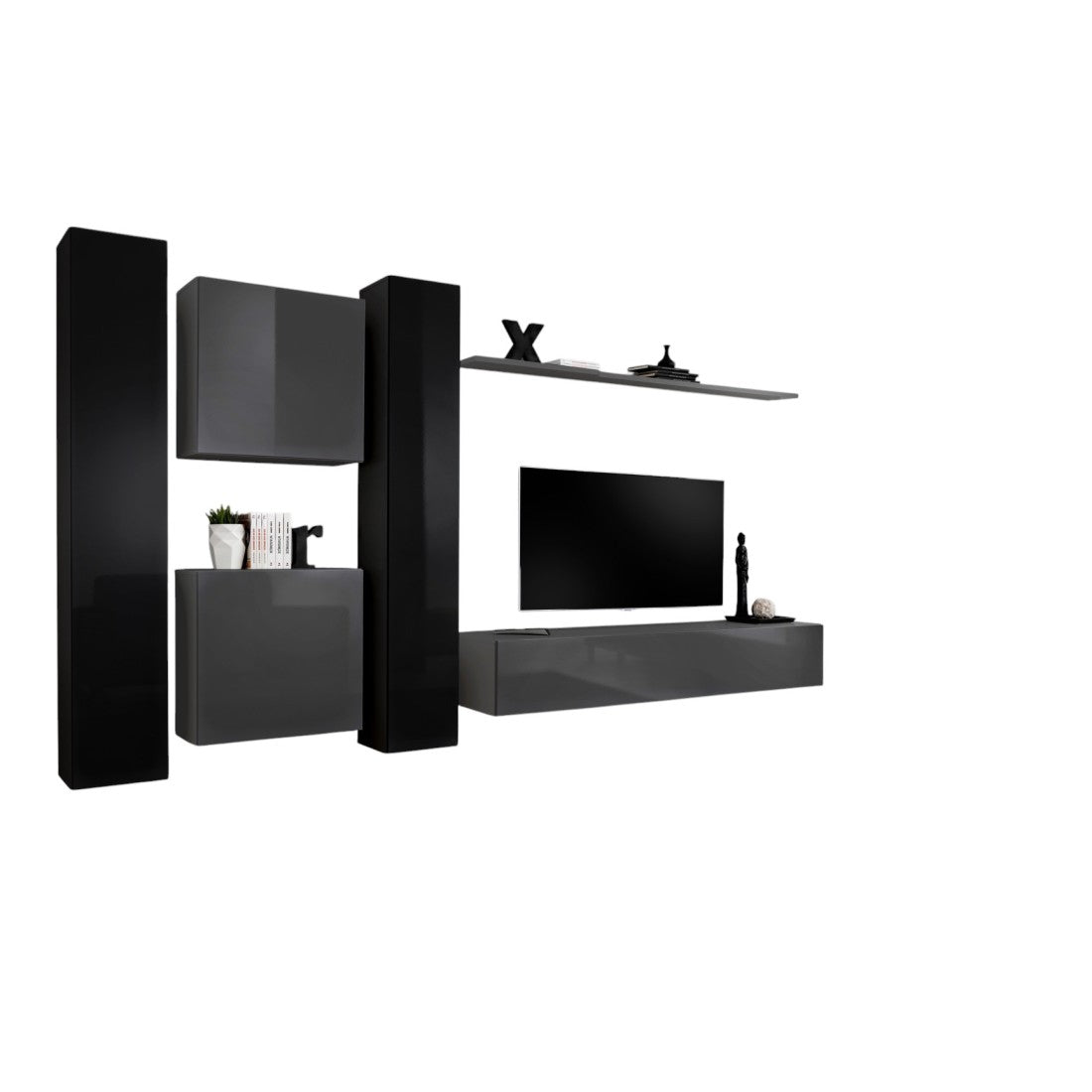 Set di mobili da salotto da parete SWITCH VI design, colori grigio e nero lucido.