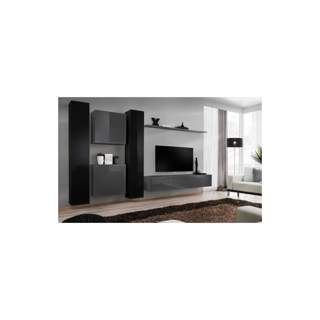 Set di mobili da salotto da parete SWITCH VI design, colori grigio e nero lucido.
