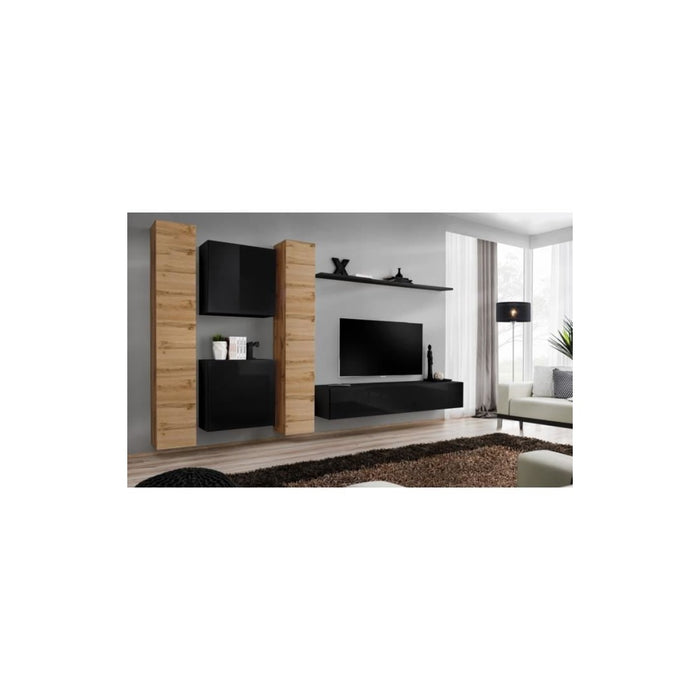 Set mobile da salotto a parete SWITCH VI design, colore nero lucido e quercia Wotan.