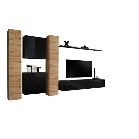 Set mobile da salotto a parete SWITCH VI design, colore nero lucido e quercia Wotan.