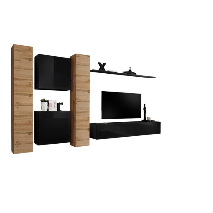 Set mobile da salotto a parete SWITCH VI design, colore nero lucido e quercia Wotan.