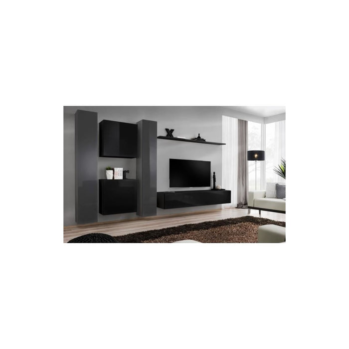 Set di mobili da salotto da parete SWITCH VI design, colori nero e grigio lucido.
