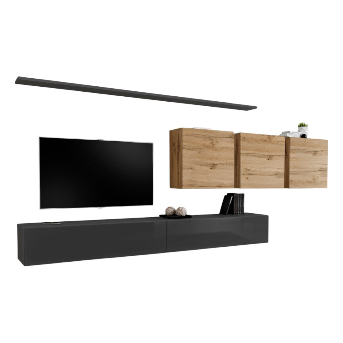 Set di mobili da salotto a parete SWITCH VII design, colore grigio lucido e rovere Wotan.