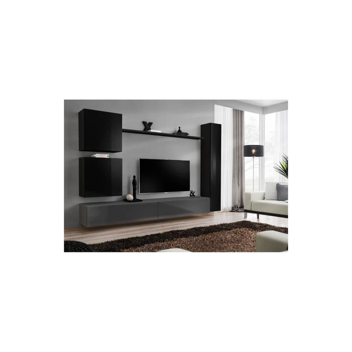 Set di mobili da parete per soggiorno SWITCH VIII design, colori grigio e nero lucido.