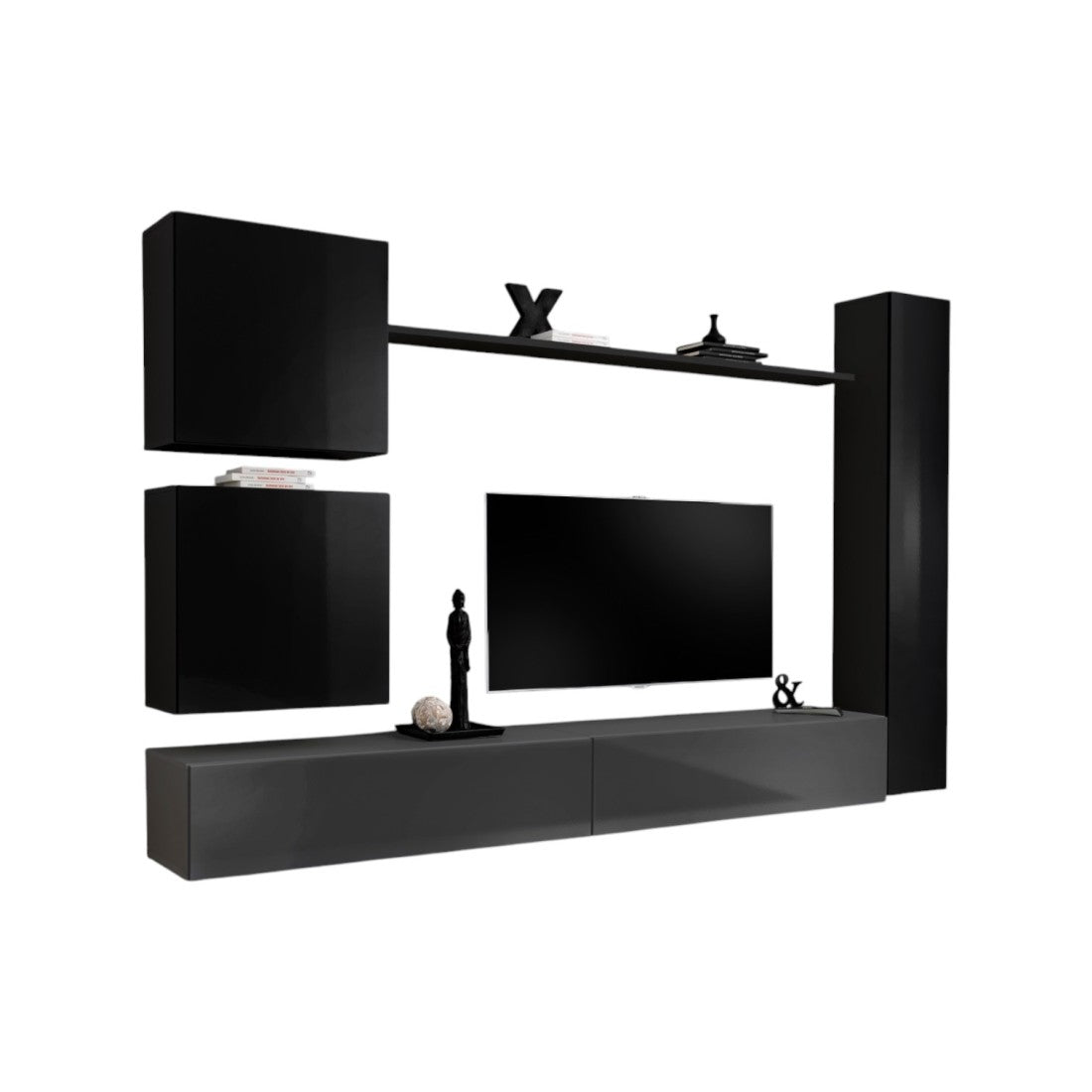 Set di mobili da parete per soggiorno SWITCH VIII design, colori grigio e nero lucido.
