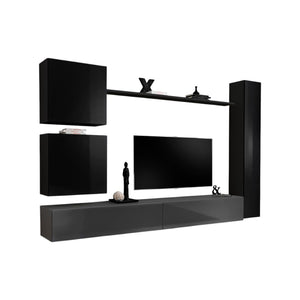 Set di mobili da parete per soggiorno SWITCH VIII design, colori grigio e nero lucido.