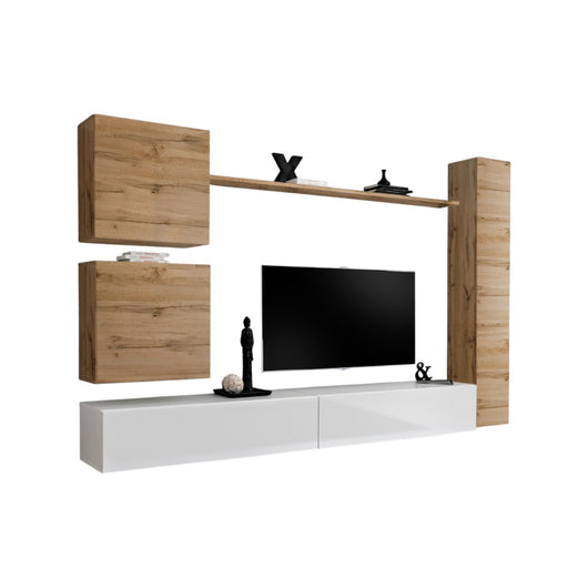 Set di mobili da parete per soggiorno SWITCH VIII. Mobile TV da parete di design, color bianco lucido e rovere Wotan.