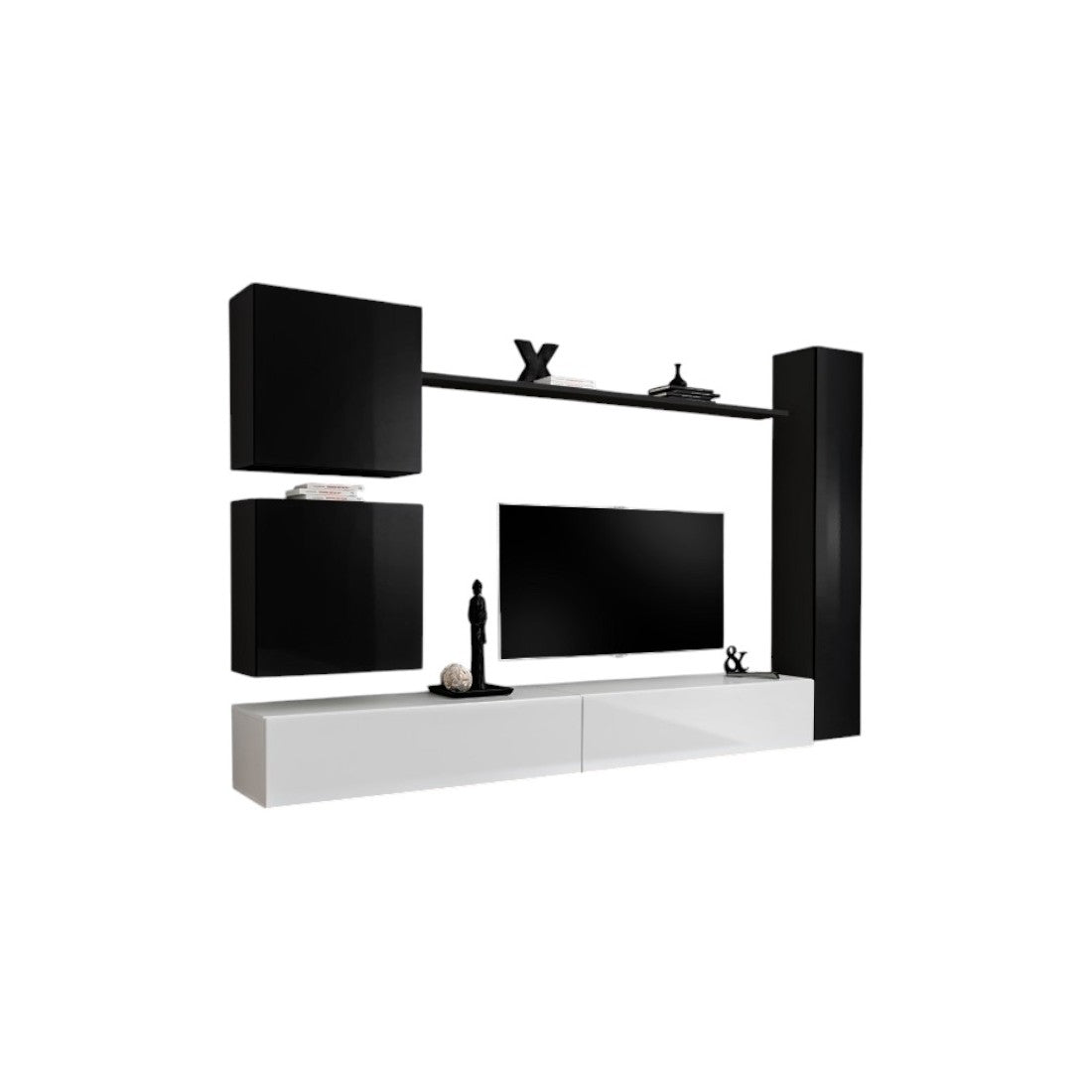 Mobile da soggiorno a parete SWITCH VIII. Mobile TV da parete di design, colore bianco e nero lucido.