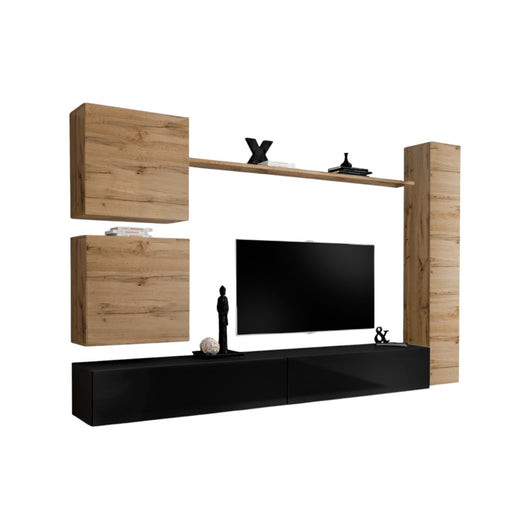 Set mobile da salotto SWITCH VIII. Mobile TV da parete di design, colori nero lucido e rovere Wotan.