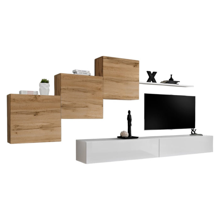 Mobile da soggiorno da parete SWITCH X design, colore bianco lucido e rovere Wotan.