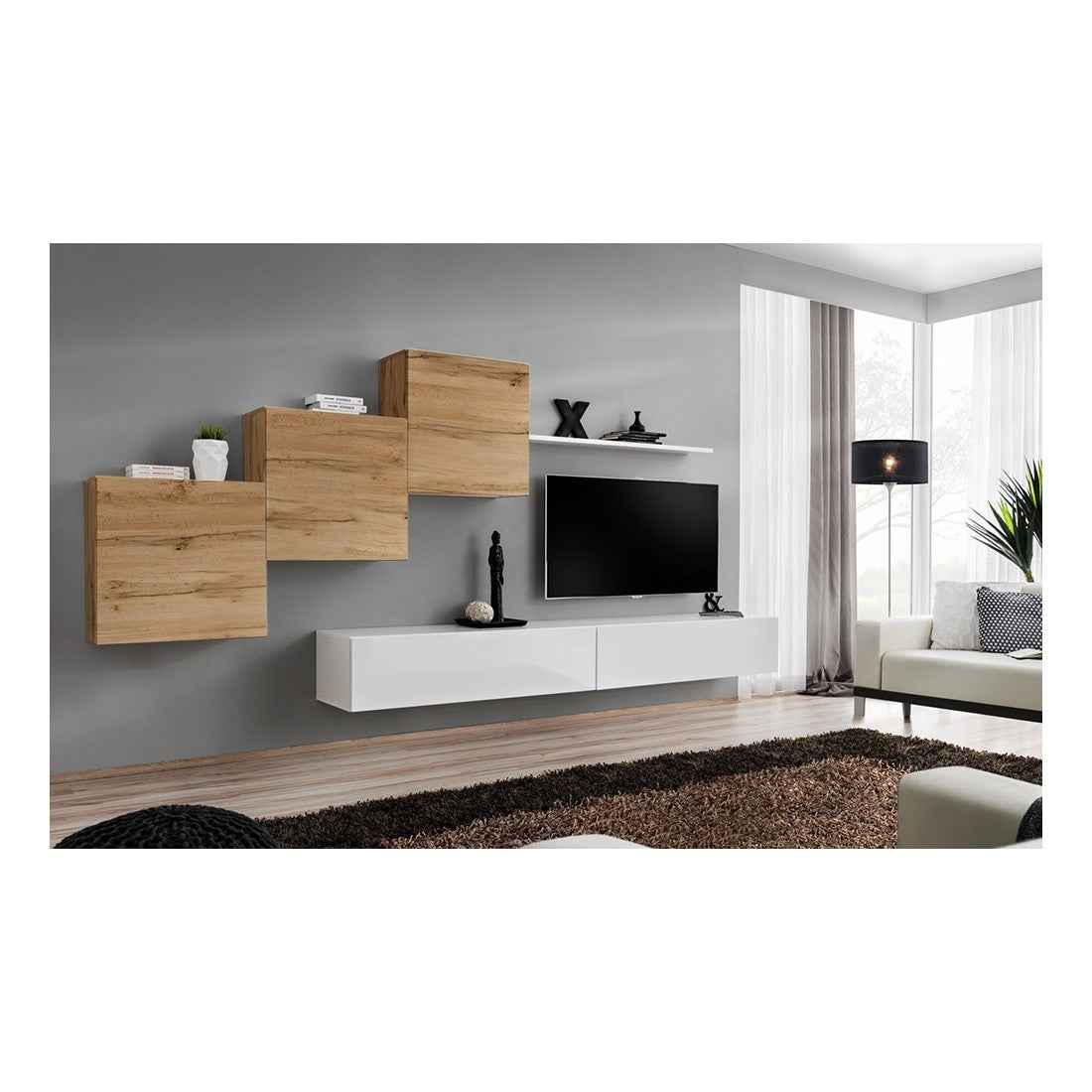 Mobile da soggiorno da parete SWITCH X design, colore bianco lucido e rovere Wotan.