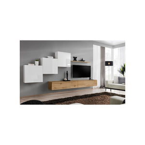 Set di mobili da salotto murali SWITCH X design, colore quercia Wotan e bianco lucido.