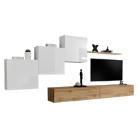 Set di mobili da salotto murali SWITCH X design, colore quercia Wotan e bianco lucido.
