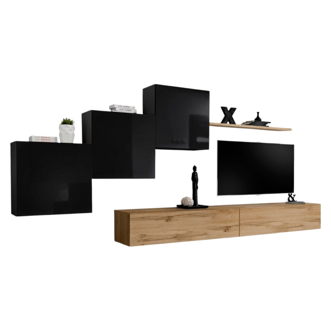 Set di mobili da salotto da parete SWITCH X design, colore rovere Wotan e nero lucido.