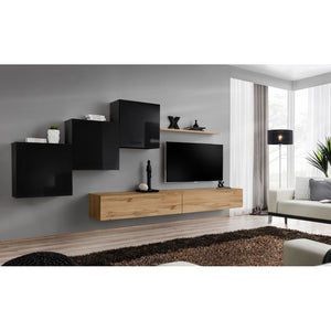 Set di mobili da salotto da parete SWITCH X design, colore rovere Wotan e nero lucido.