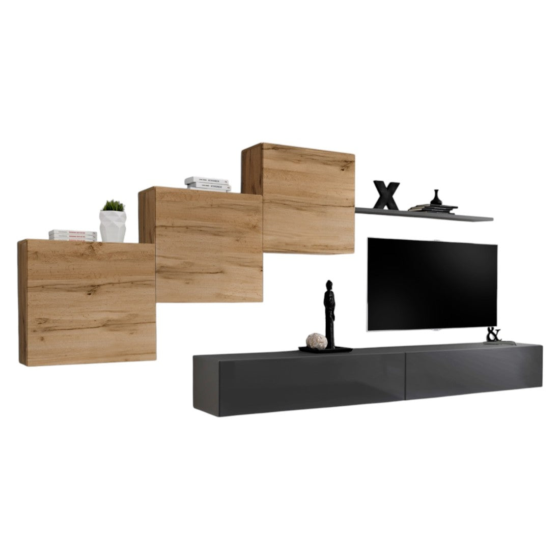 Set di mobili da soggiorno a parete SWITCH X design, colore grigio lucido e quercia Wotan.
