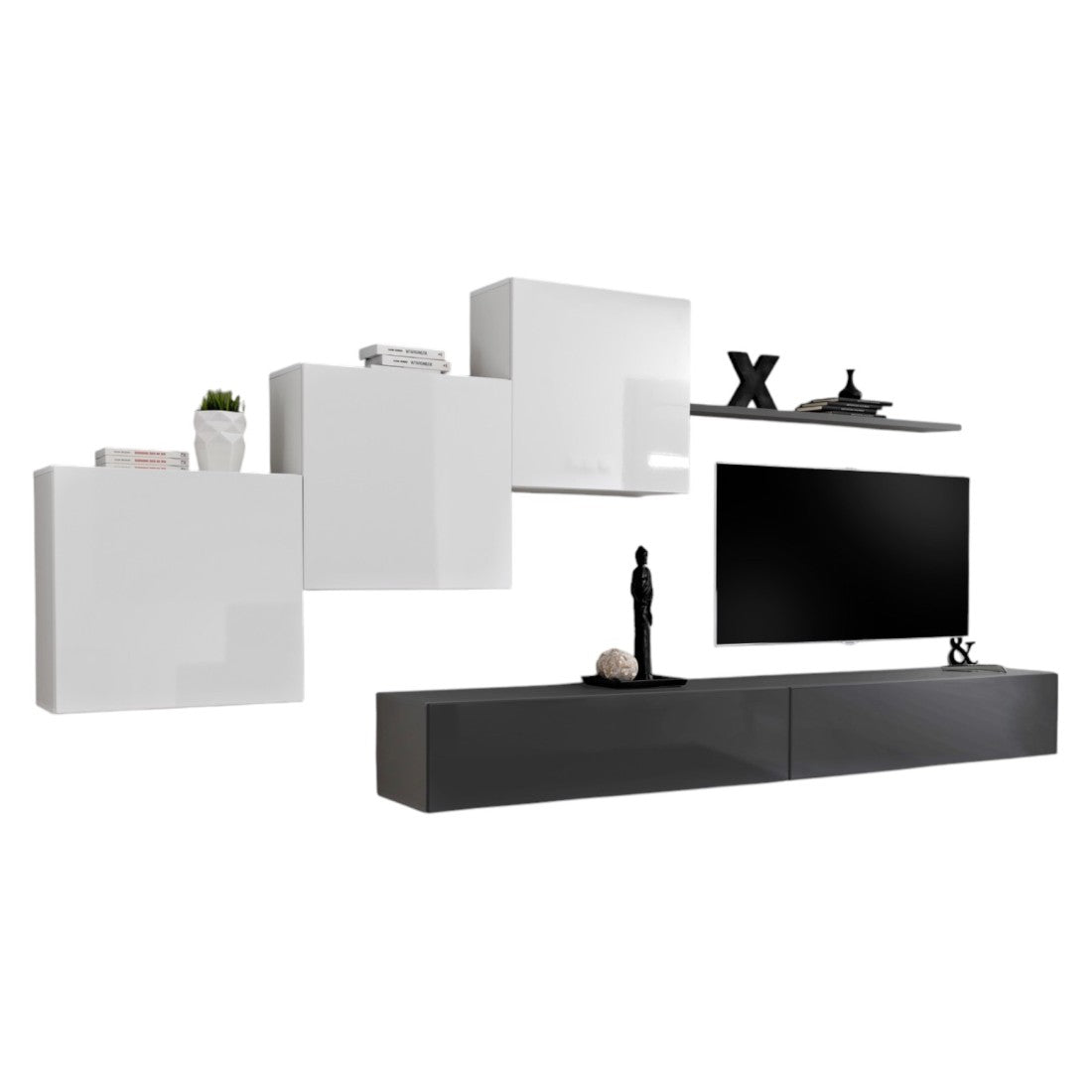Mobile da soggiorno a parete SWITCH X design, colore grigio e bianco lucido.