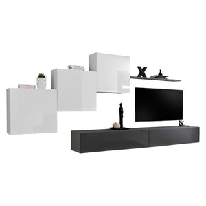 Mobile da soggiorno a parete SWITCH X design, colore grigio e bianco lucido.