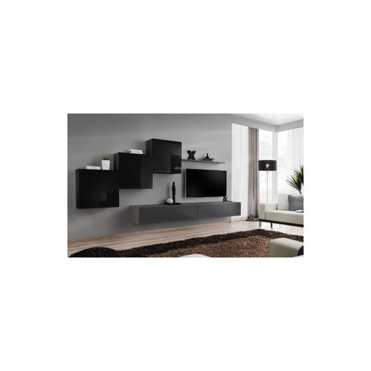 Set di mobili da salotto da parete SWITCH X design, colori grigio e nero lucido.