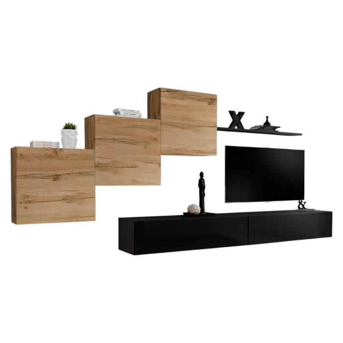 Set di mobili da salotto da parete SWITCH X design, colore nero lucido e rovere Wotan.