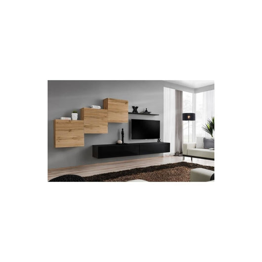 Set di mobili da salotto da parete SWITCH X design, colore nero lucido e rovere Wotan.