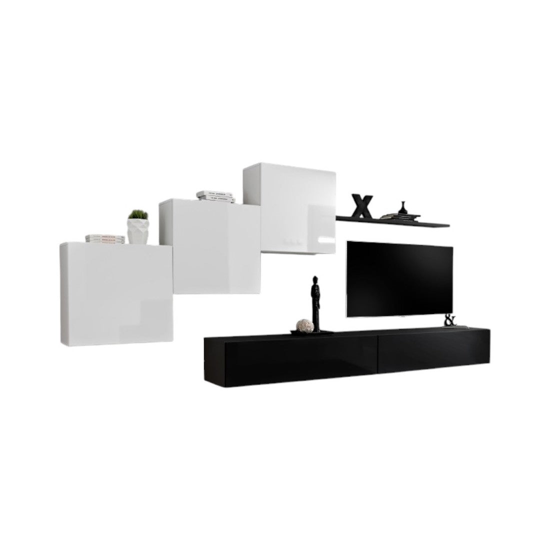 Set mobile da salotto murale SWITCH X design, colori nero e bianco lucido.