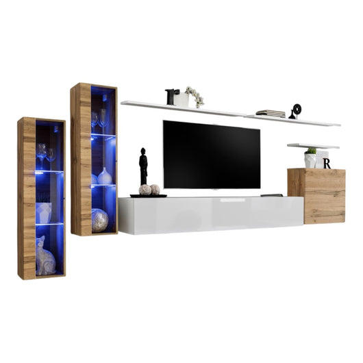 Set di mobili da soggiorno da parete SWITCH XI design, colore bianco lucido e quercia Wotan.
