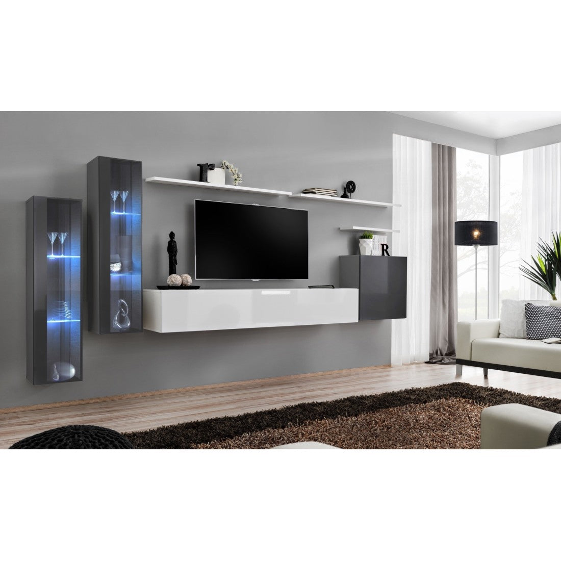 Set di mobili da soggiorno da parete SWITCH XI design, colore bianco lucido e grigio lucido.