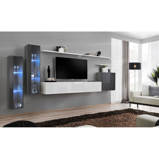 Set di mobili da soggiorno da parete SWITCH XI design, colore bianco lucido e grigio lucido.
