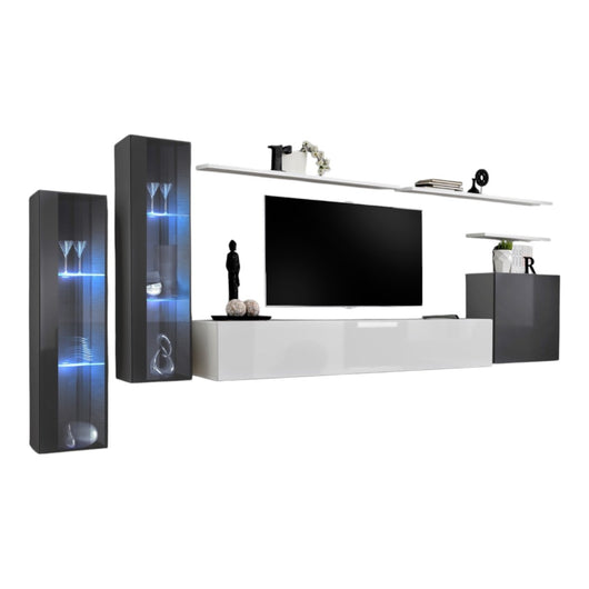 Set di mobili da soggiorno da parete SWITCH XI design, colore bianco lucido e grigio lucido.