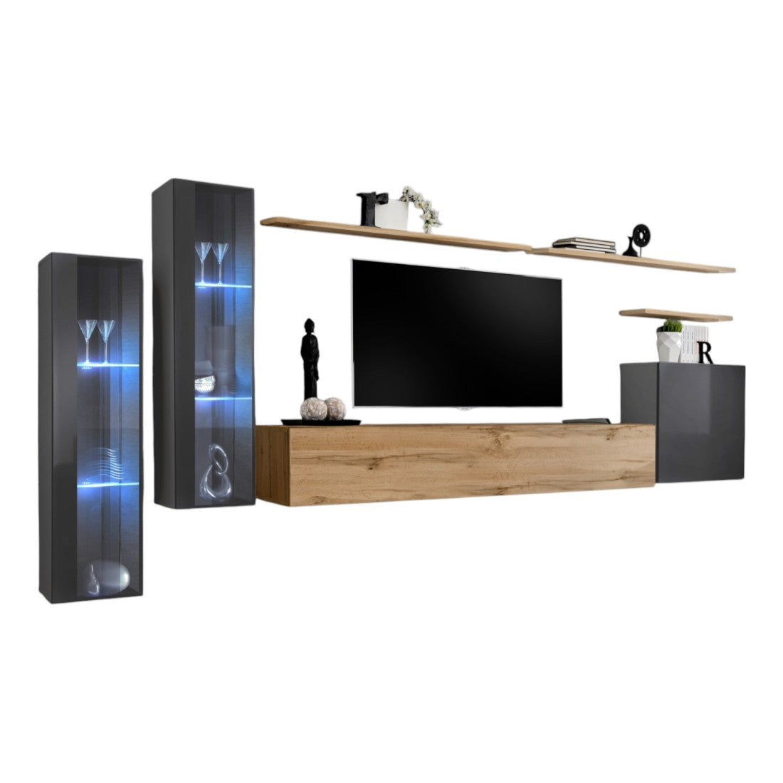 Set mobile da soggiorno parete SWITCH XI design, colore rovere Wotan e grigio lucido.