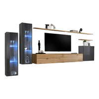 Set mobile da soggiorno parete SWITCH XI design, colore rovere Wotan e grigio lucido.