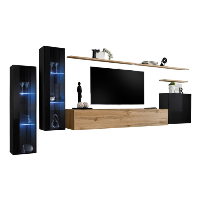 Set di mobili da salotto da parete SWITCH XI design, colore quercia Wotan e nero lucido.