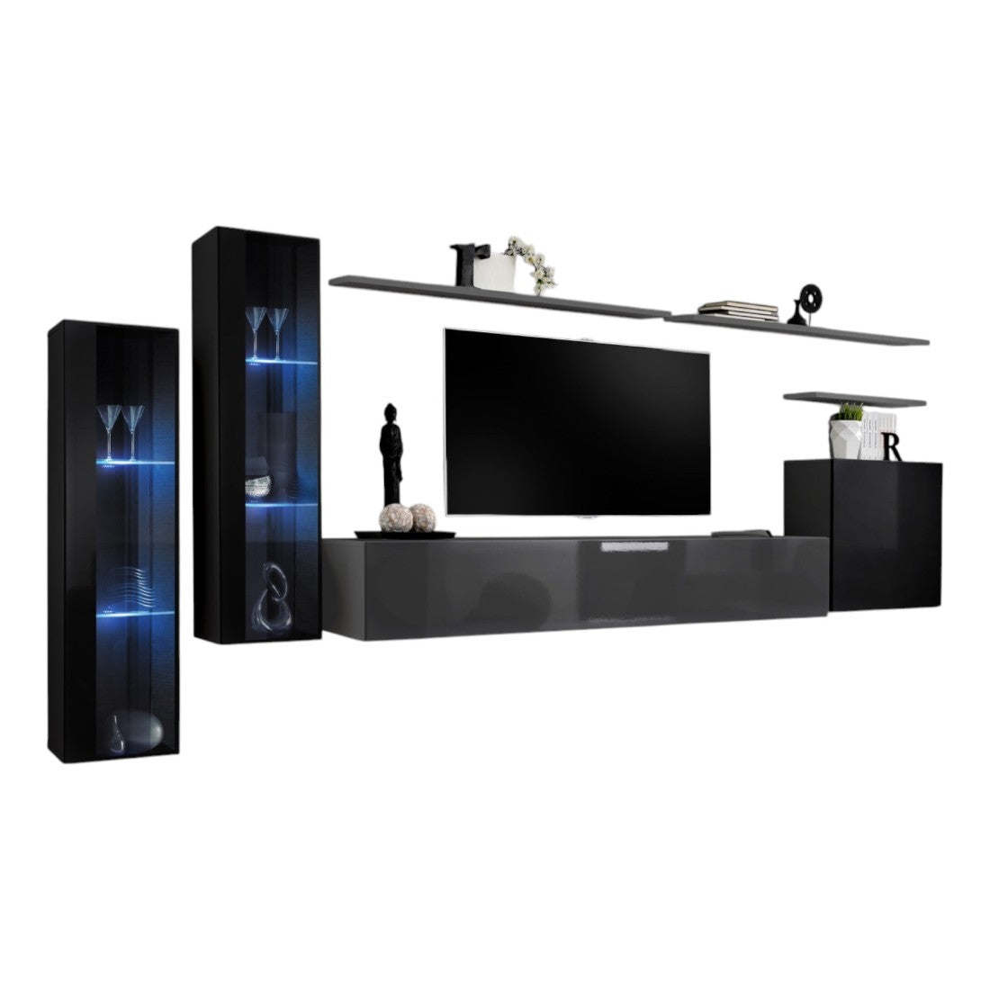 Mobile da soggiorno da parete SWITCH XI design, colori grigio lucido e nero lucido.
