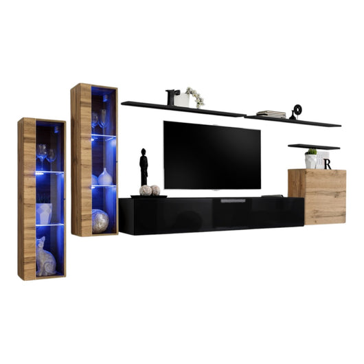 Set di mobili da parete per soggiorno SWITCH XI design, colore nero lucido e quercia Wotan.