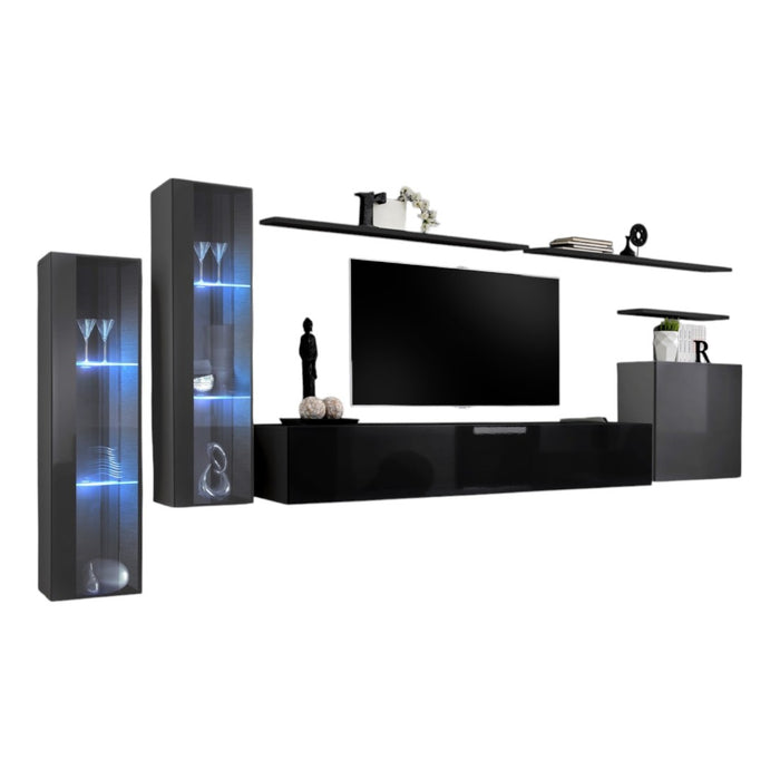 Set di mobili da salotto da parete SWITCH XI design, colori nero lucido e grigio lucido.